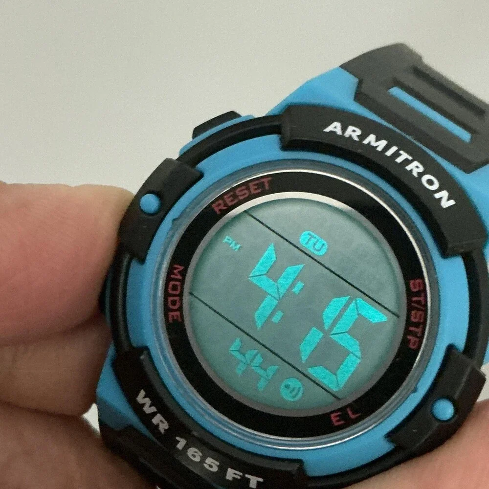 Armitron Pro Sport Boys Watch 36mm Digital Silver Tone Black Blue Strap 165FT WR